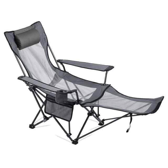 Front. VEVOR - Reclining Camping Chair, 4 Adjustable Positions, Portable Folding Lounger for Adults, Mesh Beach Chair with Headrest - Grey.