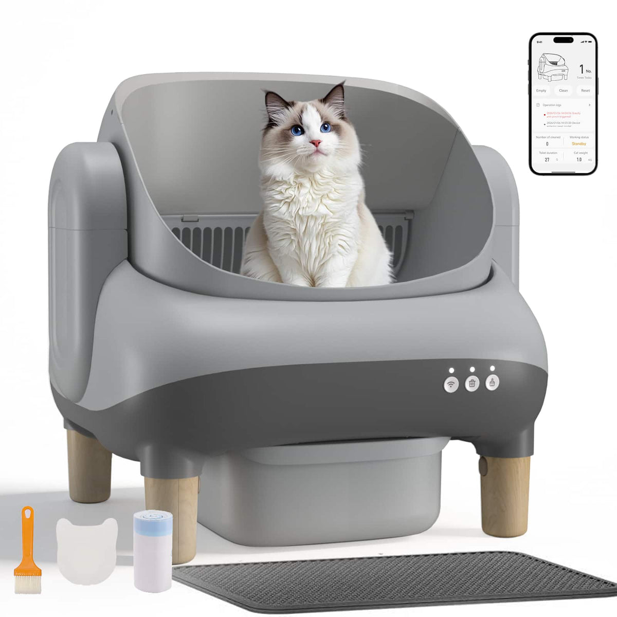 CloudRest Pro - Self Cleaning Litter Box Ultra-Quiet Open Top Cat Automatic Litter Box APP Control - Gray