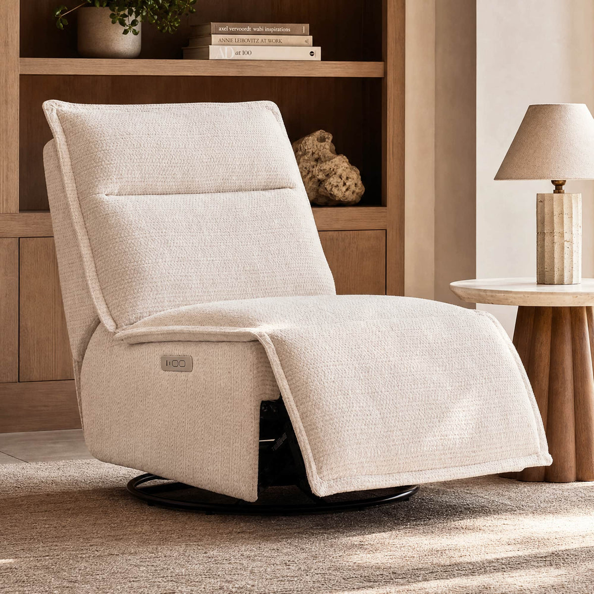 ModernMate - 29.1" Modern Cotton-Linen Armless Power Recliner with Zero Gravity Swivel Rocker and Built-in USB & Type-C - Off-White