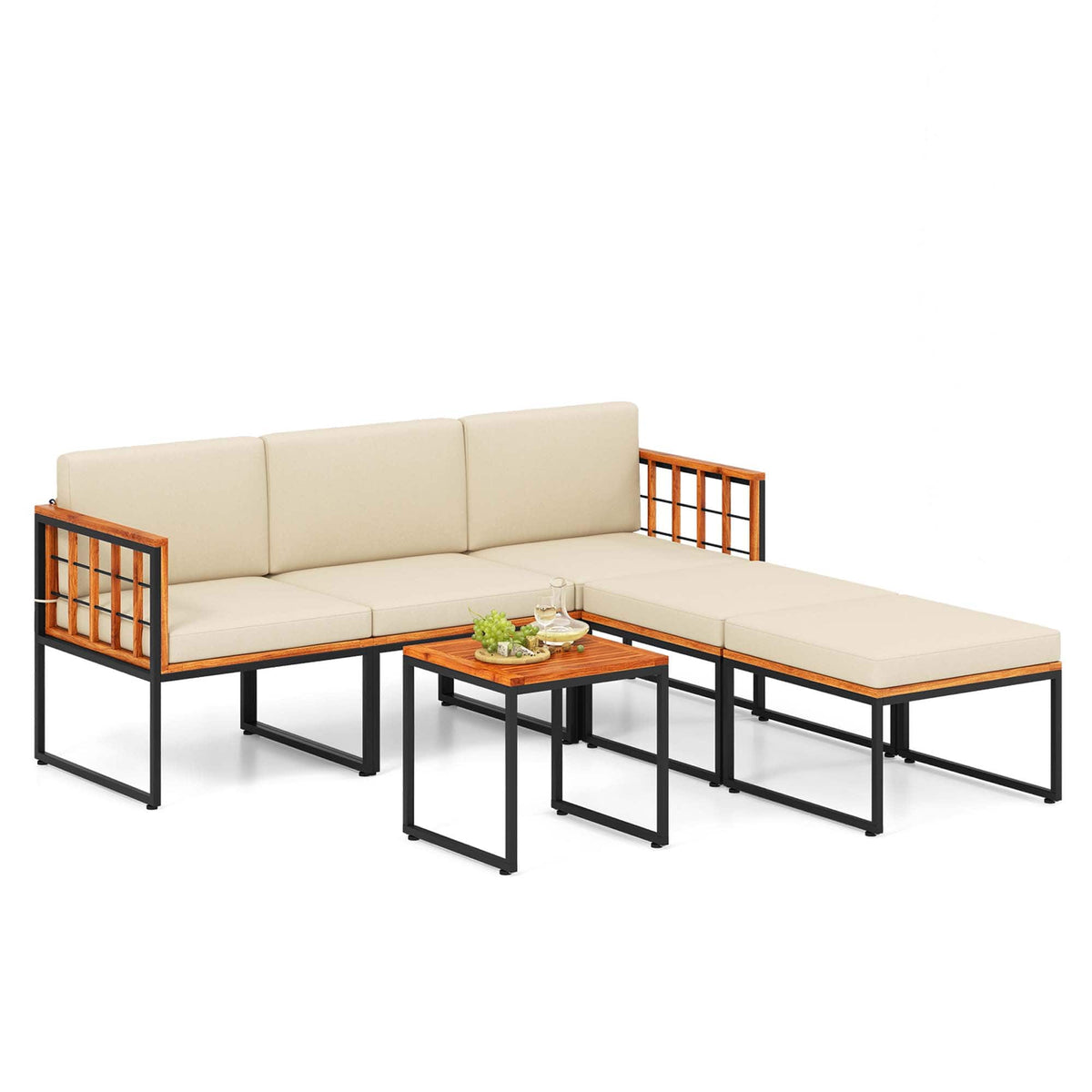 Costway - 6 PCS Acacia Wood Patio Furniture Set Outdoor Sectional Conversation Sofa Set - Natural + Black + Beige