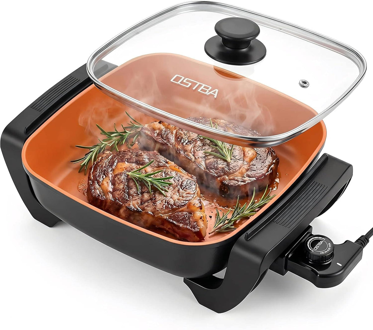 OSTBA - 12"x12" Electric Skillet with Glass Lid, 5.2QT Large Nonstick Frying Pan for Family Meals - Black, Orange