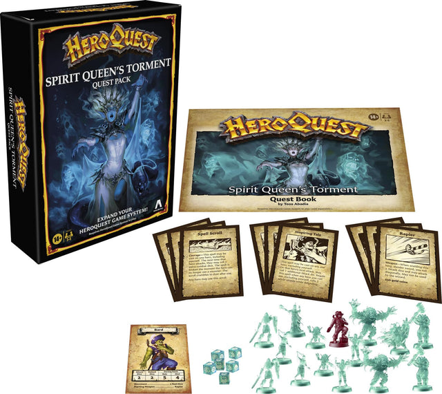 HEROQUEST  
SPIRIT QUEEN'S TORMENT  
QUEST PACK  

EXPAND YOUR HEROQUEST GAME SYSTEM!  

HEROQUEST  
Spirit Queen's Torment  
Quest Book  
by Teos Abadia  

Spell Scroll  
Courage!  
This spell may be cast once per combat. The next time a hero in combat may be attacked, the attacker must roll a d6. On a 1, the attack misses. No longer may this spell be used in this combat. Any hero may use this spell.  

Inspiring Tale  
This spell may be cast once per combat. The next time a hero in combat may be attacked,