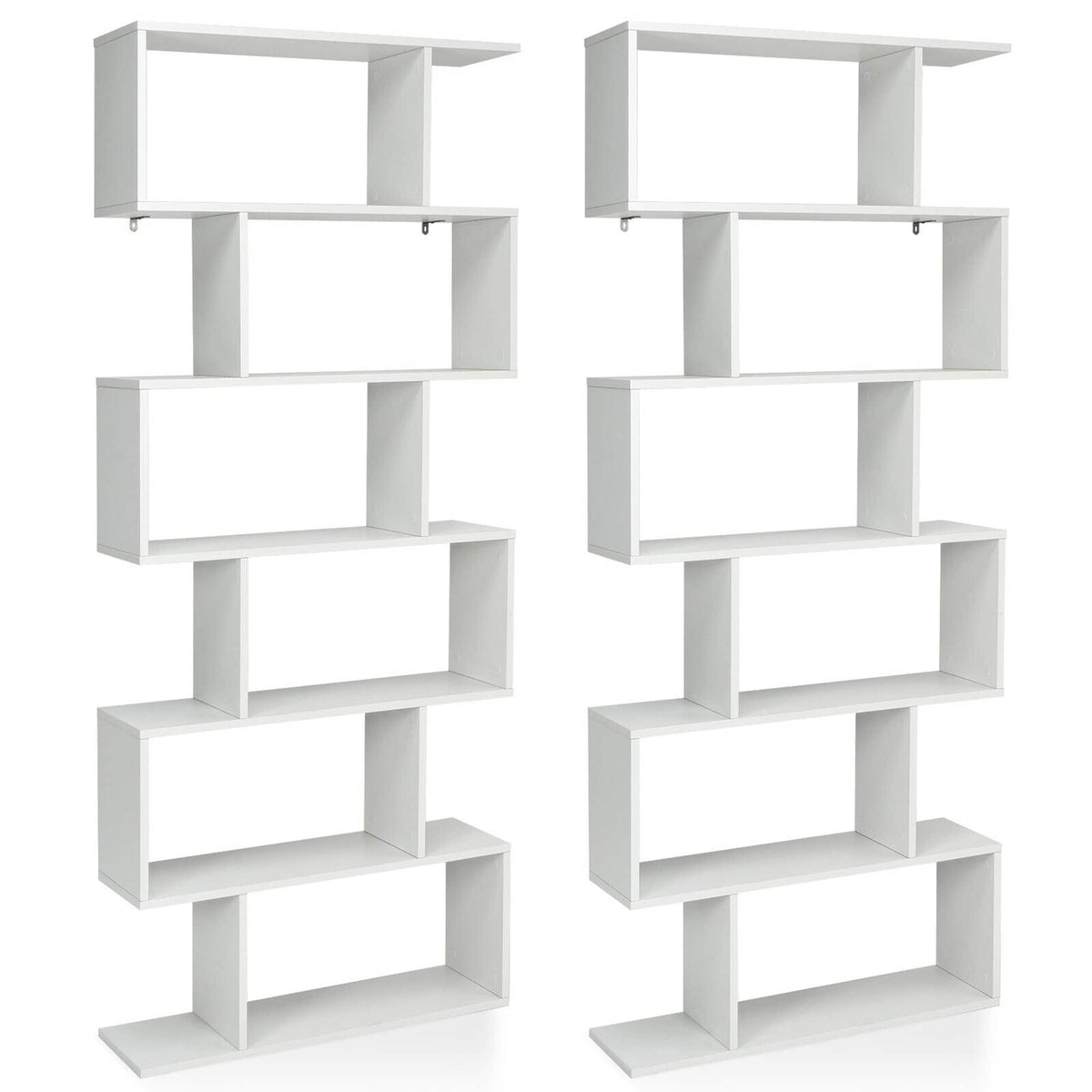 Costway - 2 PCS 6 Tier S-Shaped Bookshelf Storage Display Bookcase Z-Shelf - White