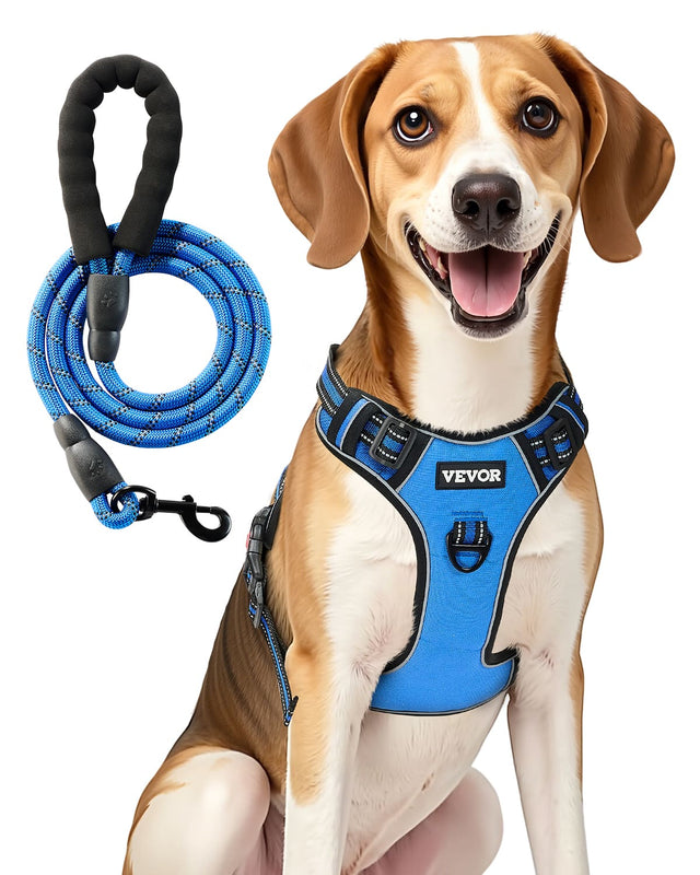 Front. VEVOR - Dog Harness for Large Dogs, No Pull Adjustable Dog Vest Pet Harness, with 5ft Leash, Handle, Metal Rings, Buckles - Blue + Black.