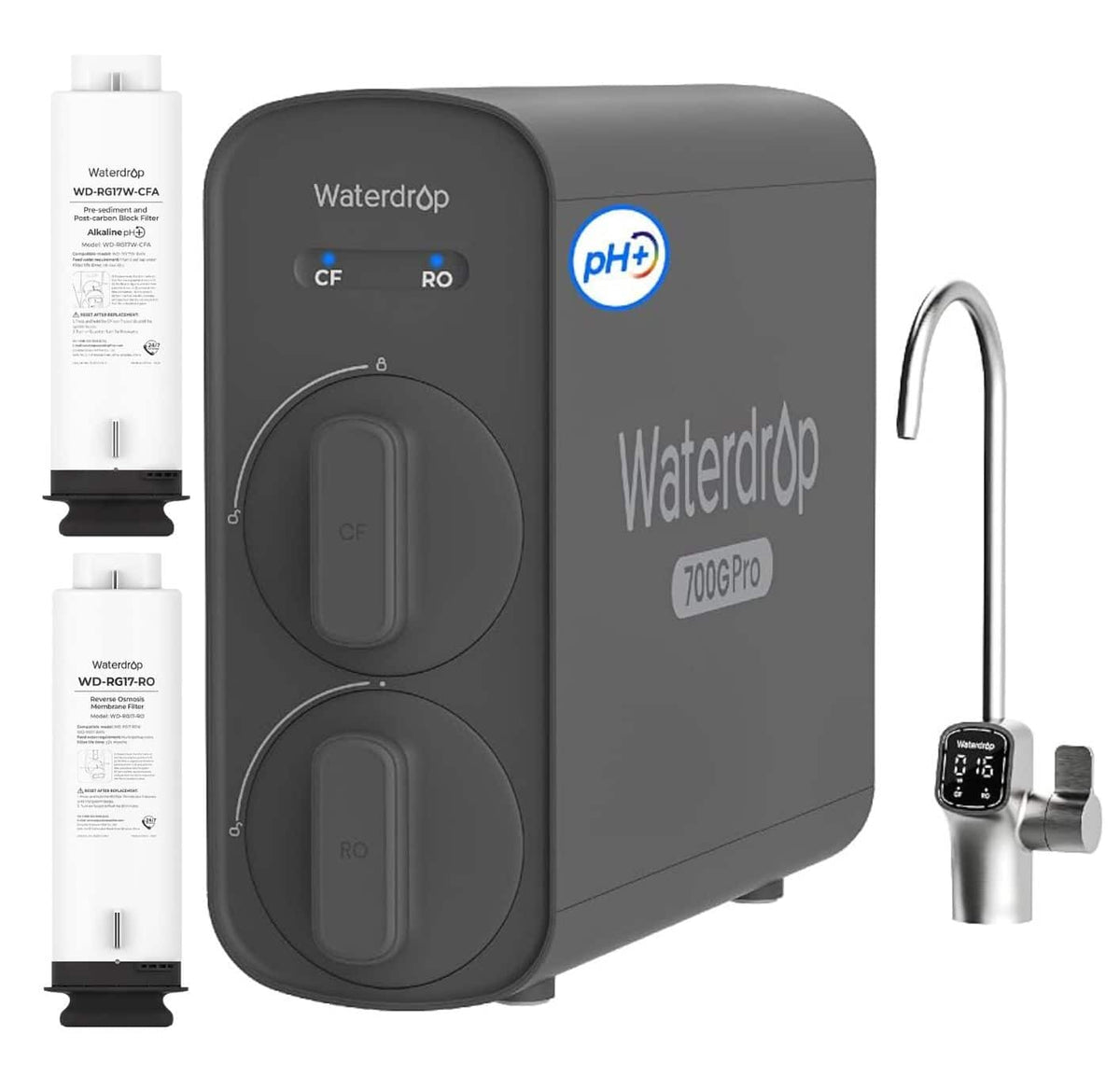 Waterdrop - G5P700A-Pro Alkaline Mineral pH+ Reverse Osmosis Dual Flow Water Filtration System, Extra RG17W-CFA & RG17-RO Filters - Black