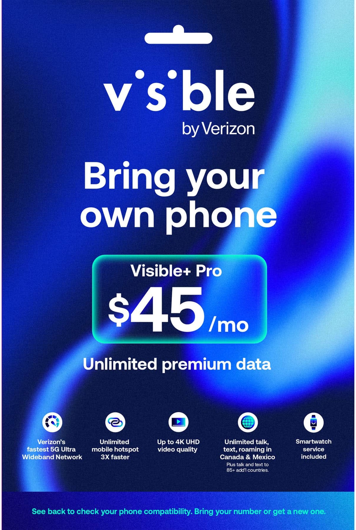 Visible - Visible+ Pro $45/mo Plan + eSIM/pSIM Kit - Unlimited 5G data included - Blue