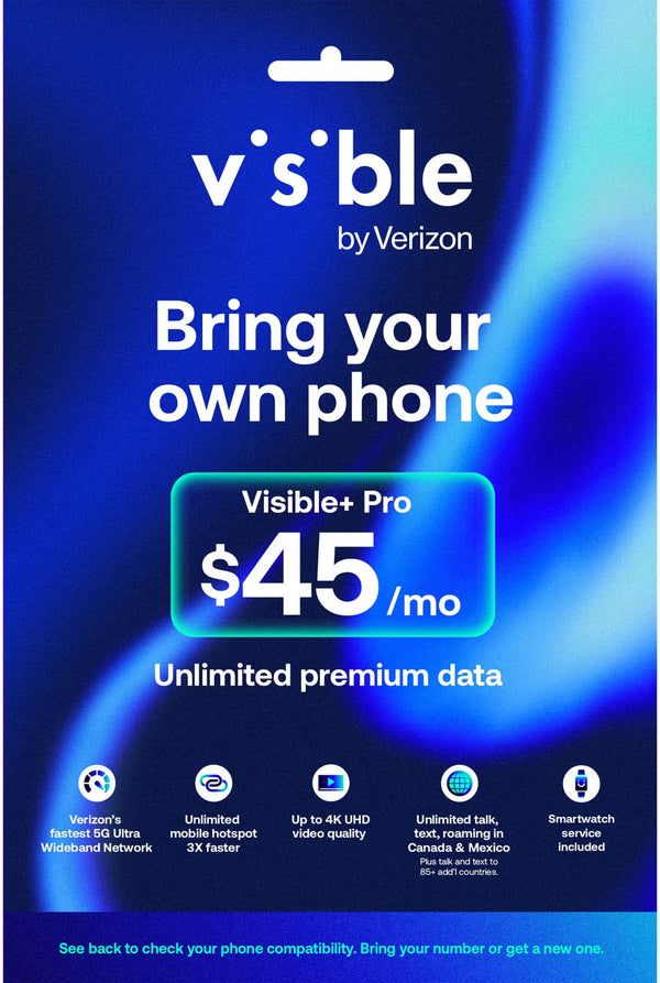 Visible - Visible+ Pro $45/mo Plan + eSIM/pSIM Kit - Unlimited 5G data included - Blue
