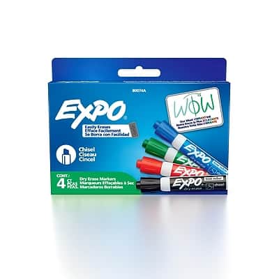 80074A EXPO  
Easily Erases  
Se Borra con Facilidad  
Chisel  
Ciseau  
Cincel  
CONT  
Dry Erase Markers  
4  
Marqueurs Effaçables  
4  
Marcadores Borrables  
4  
WOW  
EXPO  
EXPO  
EXPO