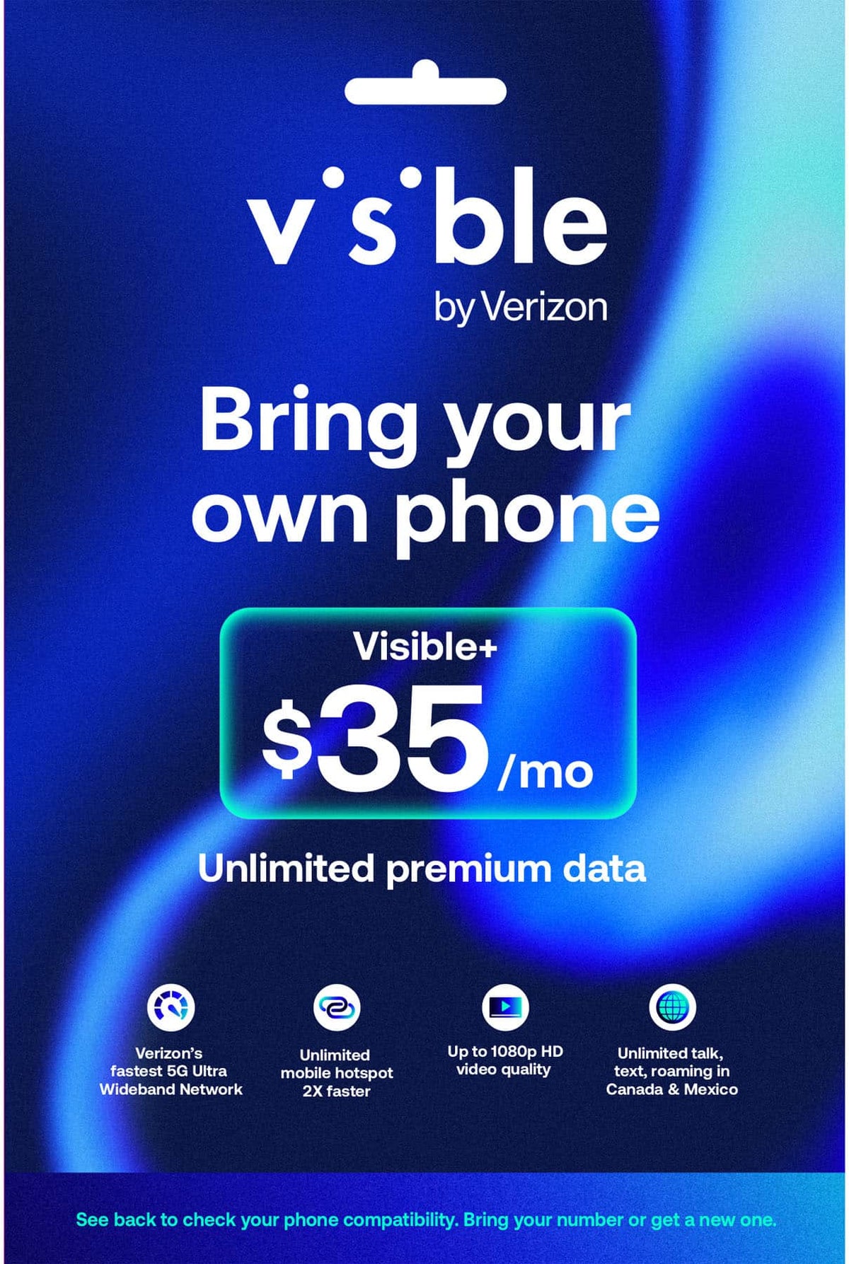Visible - Visible+ $35/mo Plan + eSIM/pSIM Kit - Unlimited 5G data included - Blue