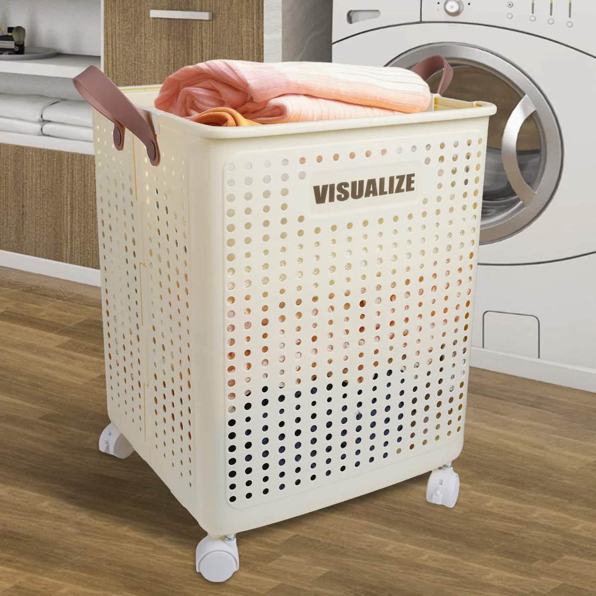 KOOMADE - Multifunctional Folding Laundry Basket with Wheels Clothes Storage Basket Large Capacity Laundry Basket Portable - Off-white