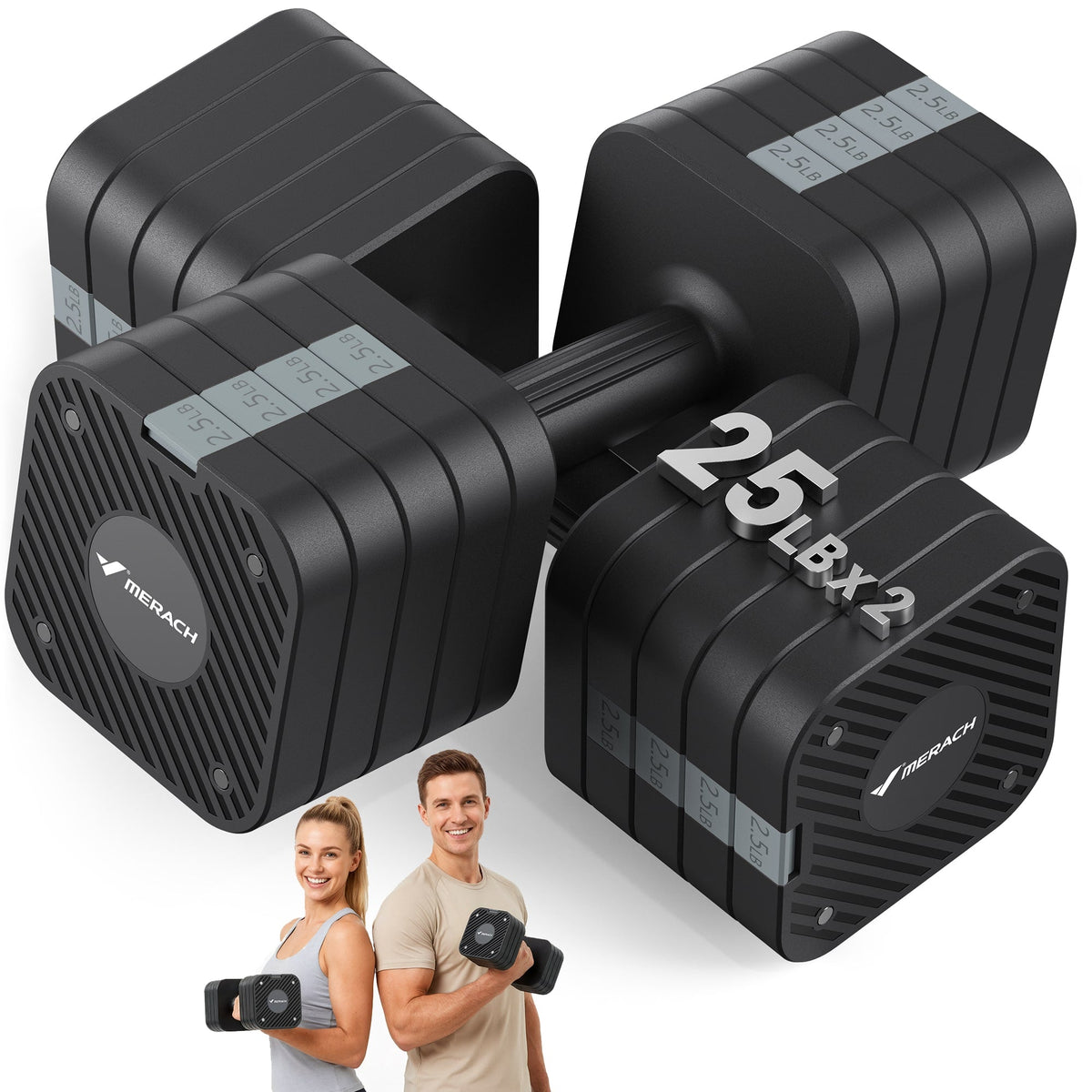 MERACH - 50LBS Adjustable Dumbbell Set, 5 in 1 Free Hand Weights for Home Gym, 25 lbs, Set of 2 - Gray