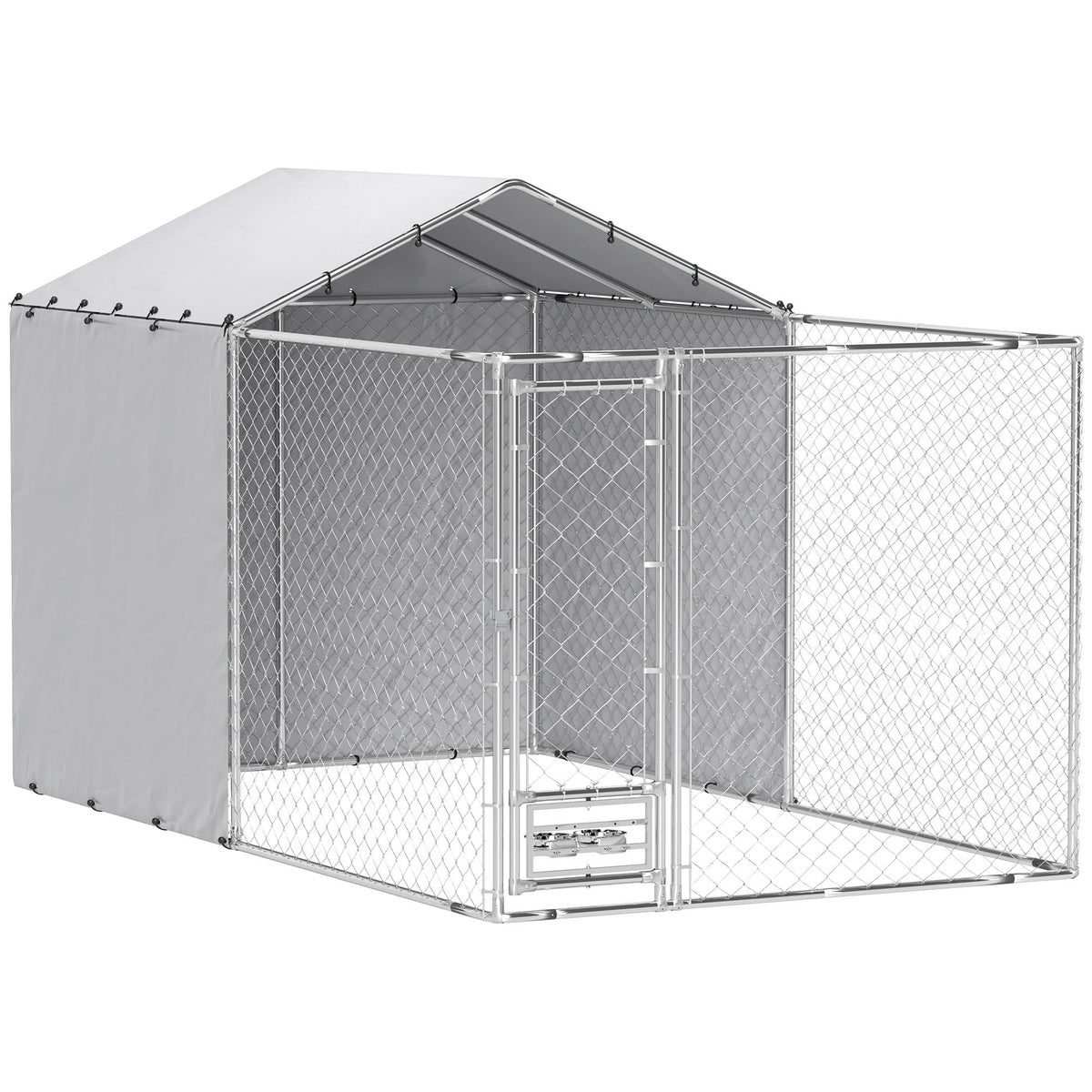 Pawhut - Heavy Duty Outdoor Dog Kennel, Chain Link Run, Rotating Bowls Door, Waterproof Cover, Medium, Large , 13.1'x7.5'x7.5'