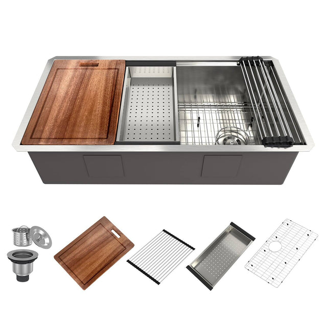 Front. Boyel Living - 36 in. Undermount Single Bowl 18-Gauge Stainless Steel Kitchen Sink with Cutting Board, Rolling Drying Rack, Colander - Silver.