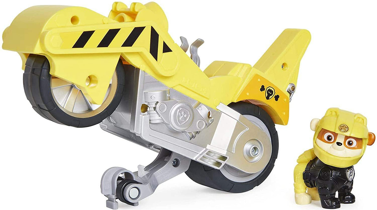 Paw Patrol - Rubble Moto Pups Deluxe Pull-Back Motorcycle Vehicle with Wheelie Feature and Toy Figure, Ages 3+ - Yellow