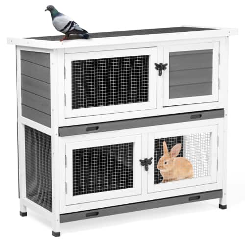 Winado - Wooden Cage 36in 2-Story Solid Wood Rabbit Hutch, Bunny Cage with 2 Large Main Rooms, Removable Trays for Outdoor Garden