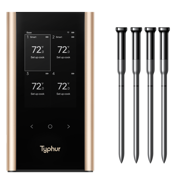 Typhur - Sync Gold Quad Smart Wireless Meat Thermometer, 3000 FT Sub-1G Enhanced Signal, WiFi Unlimited Range, 6 Sensor Probe - Black/Gold