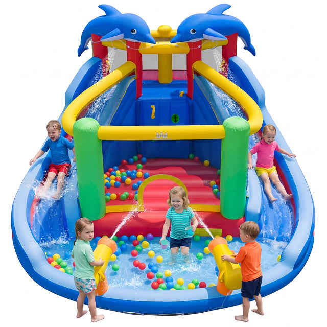 Front. Costway - Costway Inflatable Water Slide Park with Double Slides, Jumping Area, Splash Pool for Yard - Multicolor.