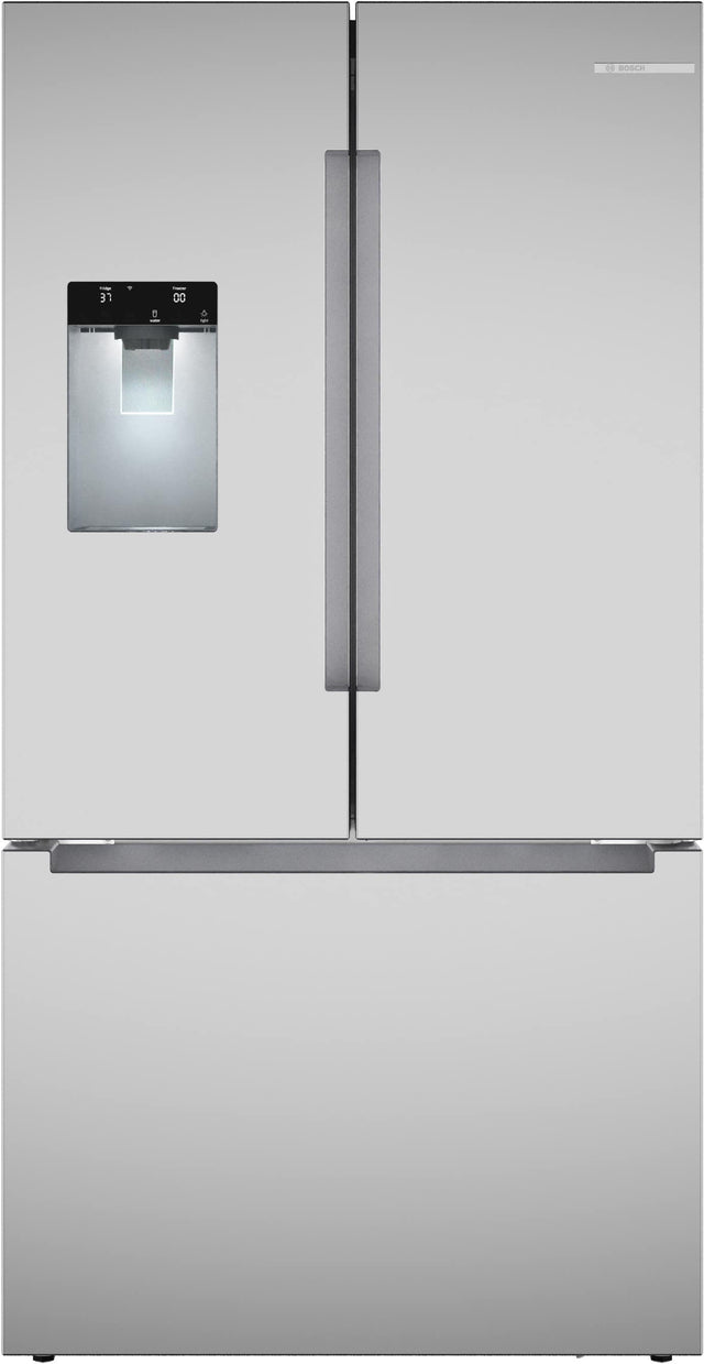 Front. Bosch - 100 Series 36 in. Wide 21.6 Cu. Ft. French Door Bottom Freezer Counter-Depth Smart Refrigerator with External Water - Stainless Steel.