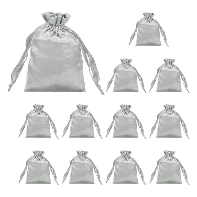 Front. Unique Bargains - 12pcs Satin Gift Bags with Drawstring, 3.9"x5.9" Party Wedding Jewelry Drawstring Pouch Mini Gift Wrap - Gray.