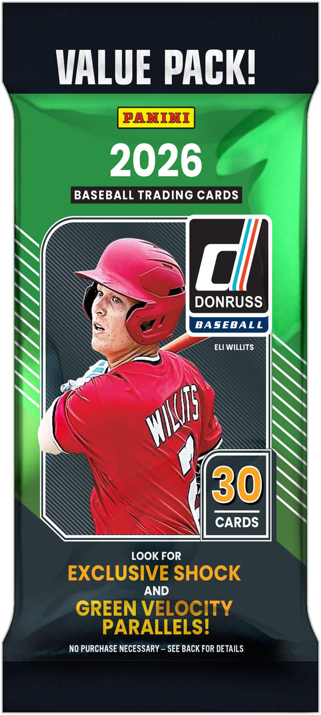 VALUE PACK!  
PANINI 2026  
BASEBALL TRADING CARDS  
DONRUSS BASEBALL  
ELI WILLITS  
30 CARDS  
LOOK FOR EXCLUSIVE SHOCK AND GREEN VELOCITY PARALLELS!  
NO PURCHASE NECESSARY - SEE BACK FOR DETAILS