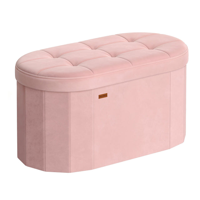 Front. Songmics Home - Folding Ottoman with Storage, Oval Storage Ottoman Bench, for Living Room, Bedroom, Velvet Fabric, 15 x 30 x 15 Inches - Jelly Pink.