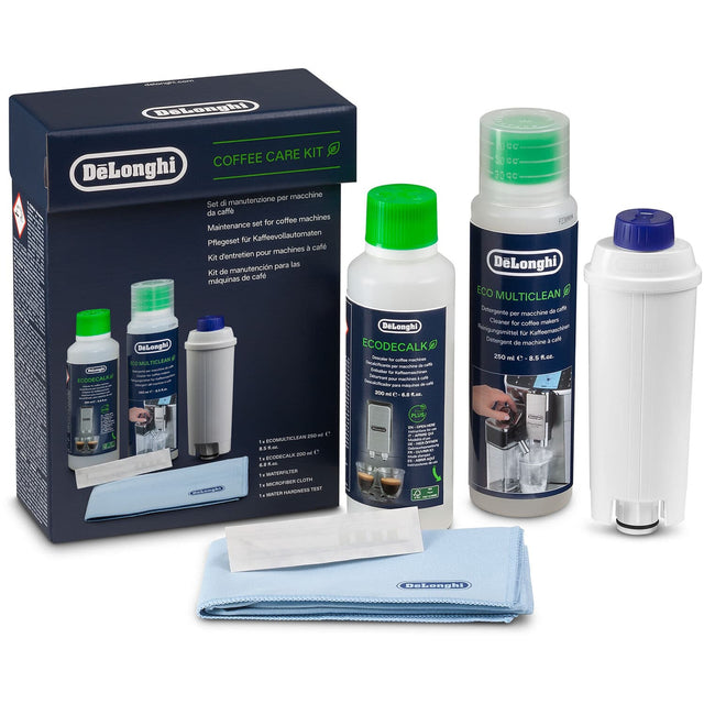 DeLonghi Coffee Care Kit

Set di manutenzione per macchine da caffè  
Maintenance set for coffee machines  
Pflegeset für Kaffeemaschinen  
Kit d'entretien pour machines à café  
Kit de mantenimiento para máquinas de café

- 1 x ECOMULTICLEAN 250 ml (8.5 fl. oz.)
- 1 x ECODECALK 200 ml (6.8 fl. oz.)
- 1 x Water Filter
- 1 x Microfiber Cloth
- 1 x Water Hardness Test

DeLonghi ECOMULTICLEAN  
Detergente per macchine da caffè  
Cleaner for coffee makers  
Reinigungsmittel für Kaffeemaschinen  
Detergente pour