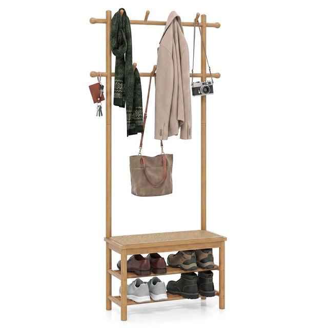 Front. Costway - Costway Bamboo Coat Rack with Bench Shoe Storage 2 Hanging Rods 11 Hanging Hooks Shelves - Beige.