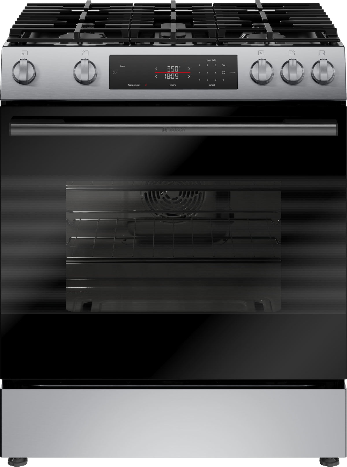 Bosch - 100 Series 30 in. Wide 5.8 Cu. Ft. Slide-In Gas Range with Self-cleaning and Steam cleaning and 5 Burners - Stainless Steel