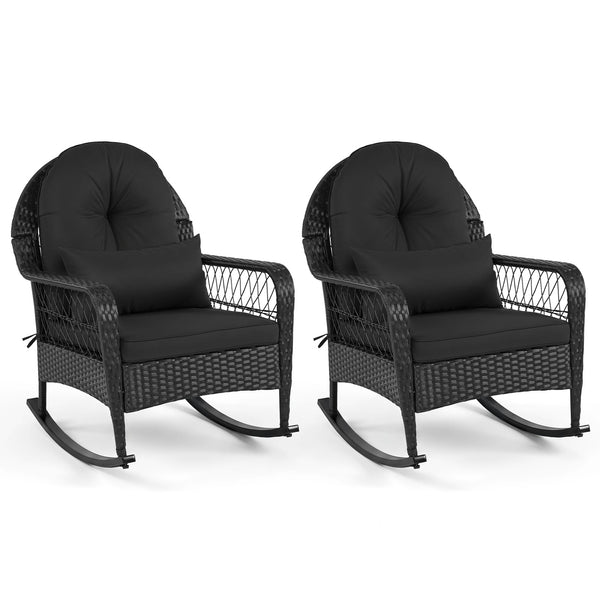 Costway - 2 PCS Outdoor Wicker Rocking Chair, Patio Rattan Rocker Chair with Thick Cushions - Black