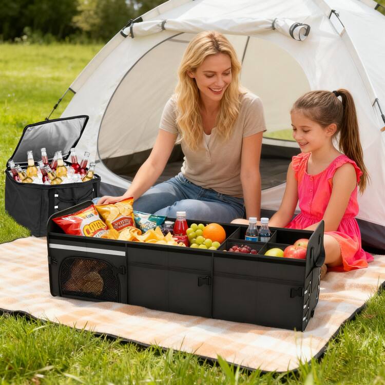 Mondawe - 18 Gal Car Trunk Organizer with Lid 3-Compartment Portable Storage Box - Black