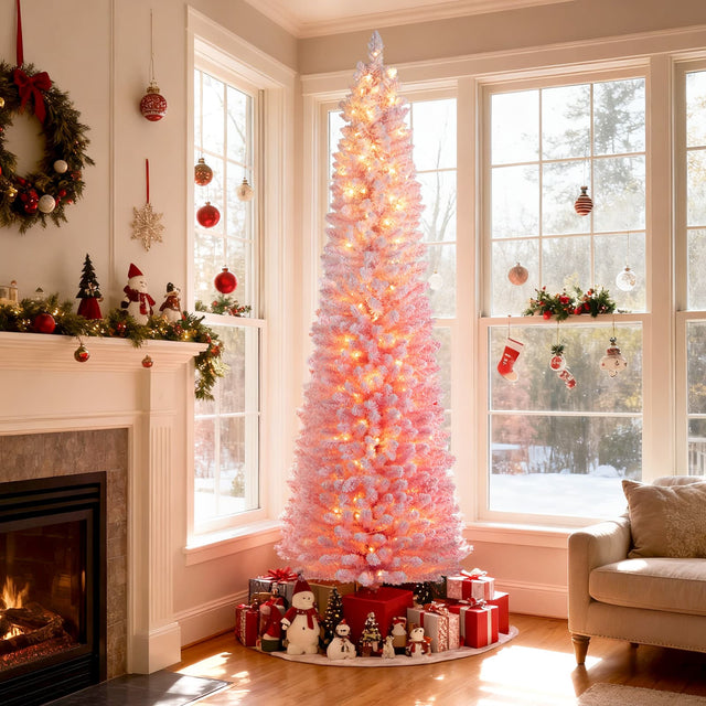 Front. Gymax - Gymax 7 FT Pre-Lit Christmas Tree Slim Pencil Xmas Tree w/ 527 Snow Flocked PVC Branch Tips - Pink.