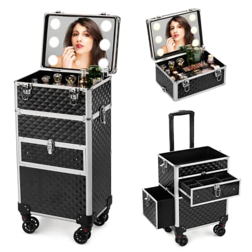 Front. Winado - Rolling Makeup Case Trolley with LED Lighted Mirror & 2 Drawers Large Capacity  Professional Cosmetology Lockable Travel - Black.