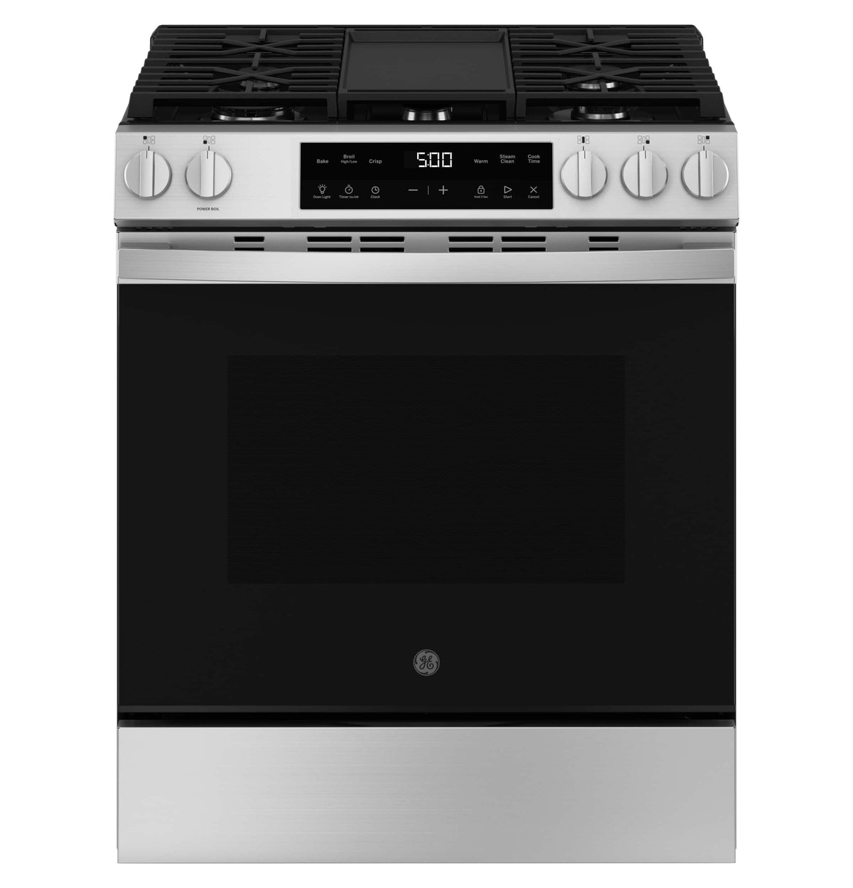 GE - 30 in. Wide 5 Burners 5.3 Cu. Ft. Slide In Gas Range with Steam Cleaning and Crisp Mode - Stainless Steel