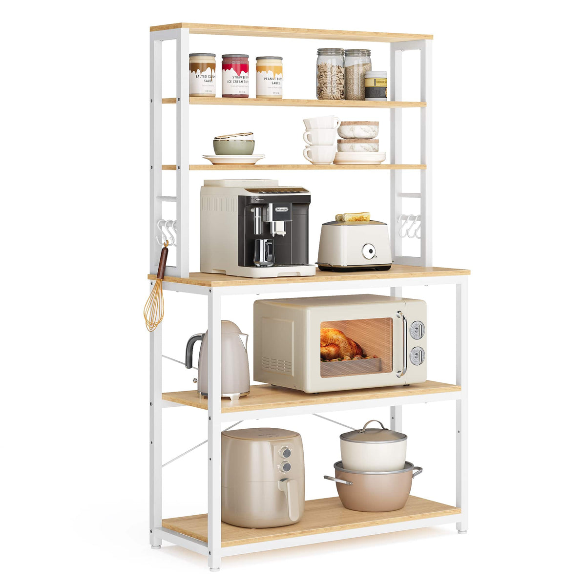 Songmics Home - Coffee Bar, Baker’s Rack for Kitchen with Storage, 6-Tier Kitchen Shelves with 6 Hooks, Microwave Stand, Industrial - Oak Colour and White