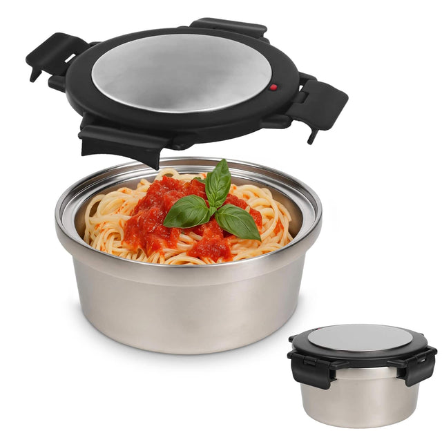 Front. KOOMADE - KOOMADE 304 Stainless Steel Divided Insulated Bento Box, Leakproof Lunch Box 4H Warm 8H Cold Container with Thermal Bag - Silver Lunch Box with Black Lid.