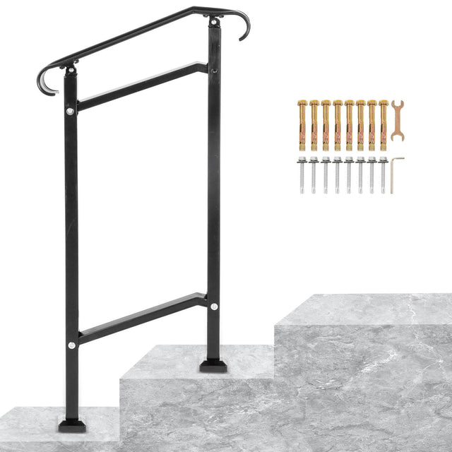 Front. VEVOR - Outdoor Stair Railing, Fit 1 or 2 Steps Wrought Iron Handrail, Adjustable Front Porch Hand Railings - Black.