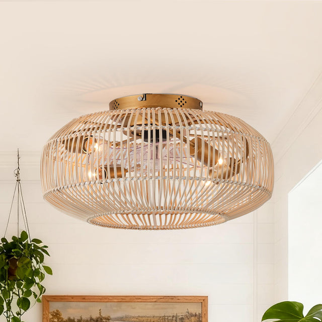 Front. Parrot Uncle - 20" Coastal Weave Rattan Gold Flush Mount Caged Ceiling Fan with Remote - Gold.
