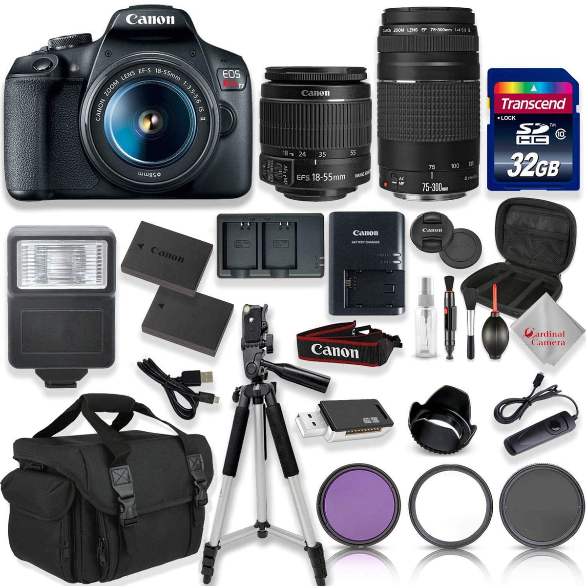 Bundle - Canon - EOS Rebel T7 DSLR Camera with 18-55mm EF-s f/3.5-5.6 IS II Lens & EF 75-300mm f/4-5.6 III Lens + 32GB High Speed - Black