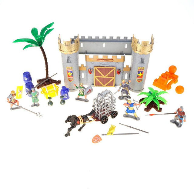 Front. JuzToys - Medieval Castle Playset Knights Action Figure Toy Army Playset Acessories Kids Playset in Storage Bucket - Multi.