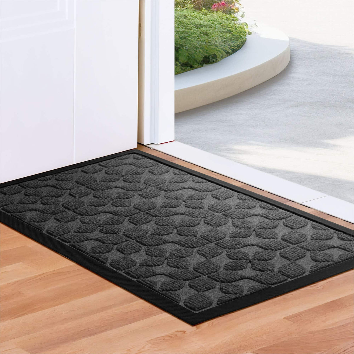 G128 - Home Entrance Geometric Floral Door Mat — Thick Absorbent Non-Slip Indoor/Outdoor Welcome Mat - Black