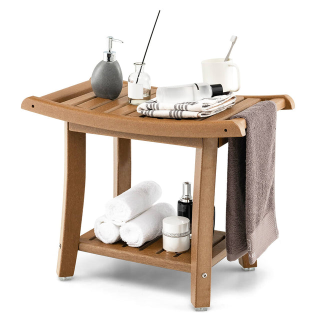 Front. Gymax - Gymax 2-tier Shower Bench Waterproof Spa Bath Shower Stool Heavy Duty w/ Shelf Brown - Natural.