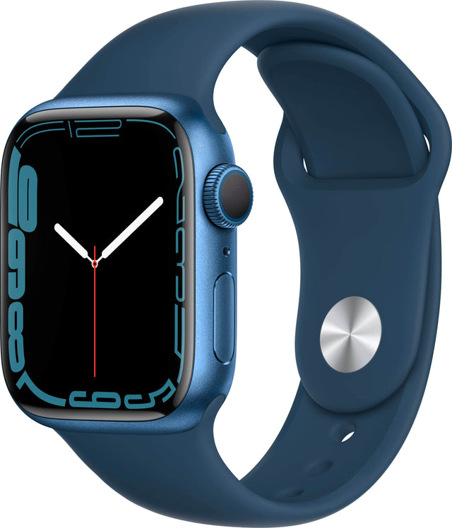 Front. Apple - Geek Squad Certified Refurbished Apple Watch Series 7 (GPS) 41mm Blue Aluminum Case with Abyss Blue Sport Band - Blue.