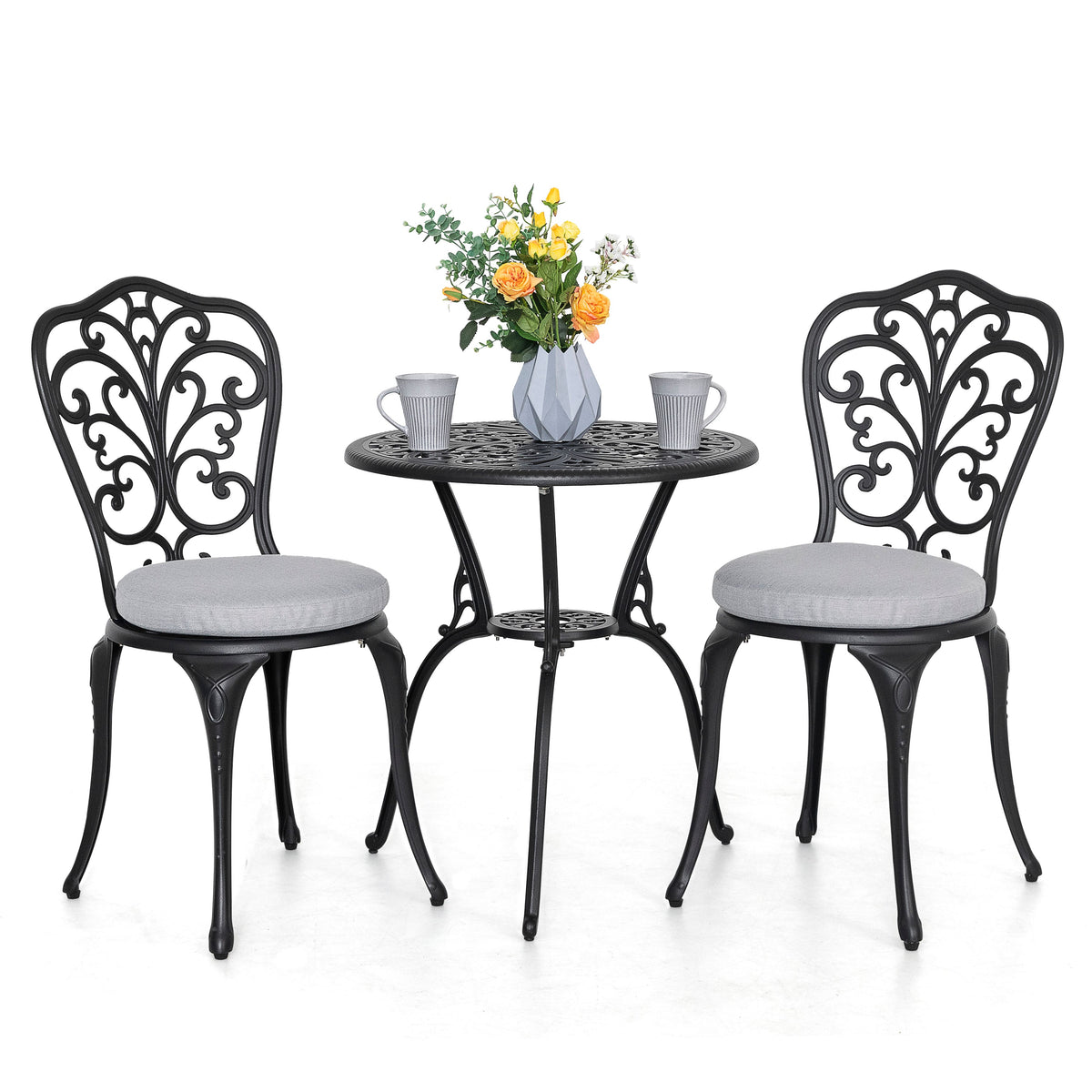 Nuu Garden - 3-Piece Cast Aluminum Outdoor Bistro Set , 24-Inch Round Table and 2 Armless Chairs - Black and Gray