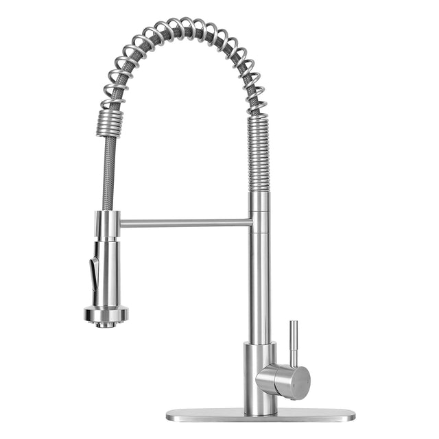 Front. Akicon - Akicon Pre-Rinse Spring Single Handle Stainless Steel Kitchen Faucet with Dual-Function Sprayer in Brushed Nickel - Brushed Nickel.