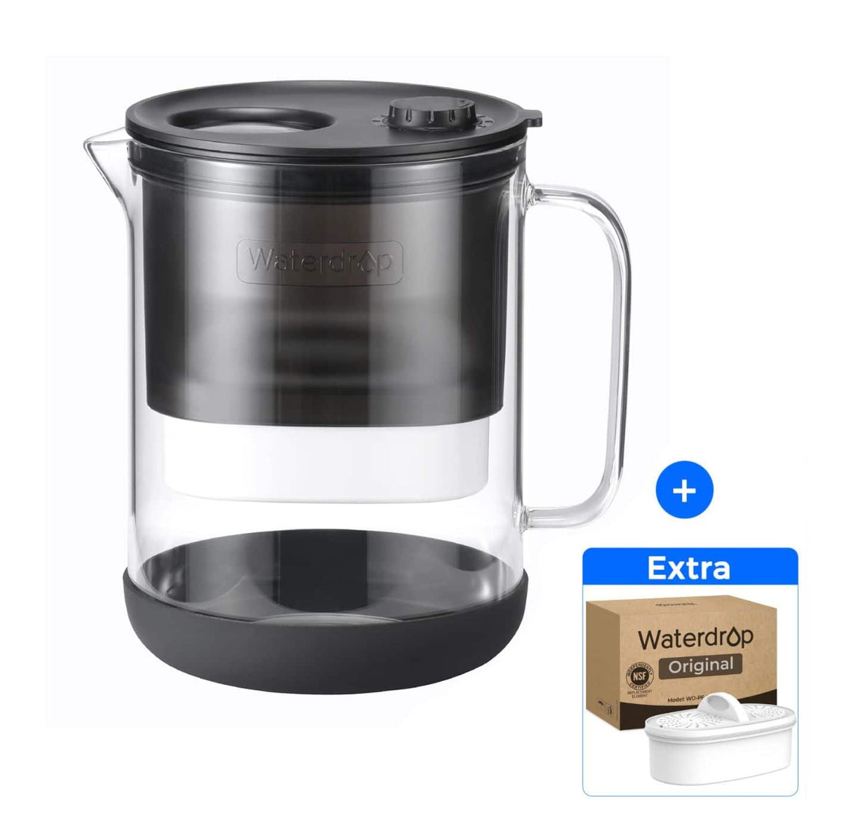 Waterdrop - PT-72BL Glass Water Filter Pitcher, 7-Cup, EXTRA PF-01A Filter - Black