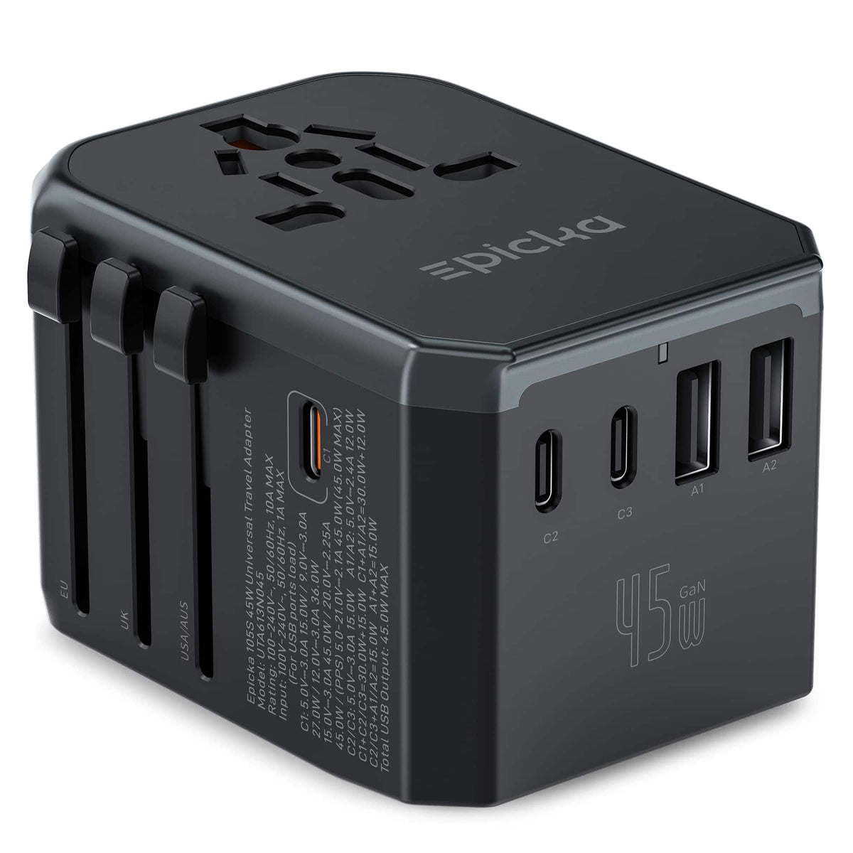 Epicka - GaN 45W Universal Travel Adapter with USB Ports, PD Fast Charging International Plug Adapter, Multi-Port Travel Charger - Black