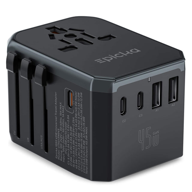 Epicka 100W 45W Universal Travel Adapter MAX

Model: EPU5512W

Rating: 45W

Input: 100-240V~ 50/60Hz

Output: 
- C1: 2.0W
- C2: 2.0W
- C3: 45.0W (5.0V-2.4A)
- A1: 15.0W (5.0V-3.0A)
- A2: 15.0W (5.0V-3.0A)
- A3: 15.0W (5.0V-3.0A)
- Total: 45W

Ports: 
- EU
- UK
- USA/AUS

GaN