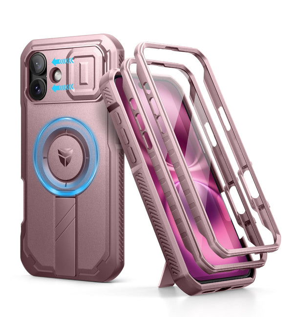 Dexnor - Shockproof Bumper Case for iPhone 16 Plus Compatible with MagSafe, Camera Cover, Adjustable Kickstand, Screen Protector - Peony Pink