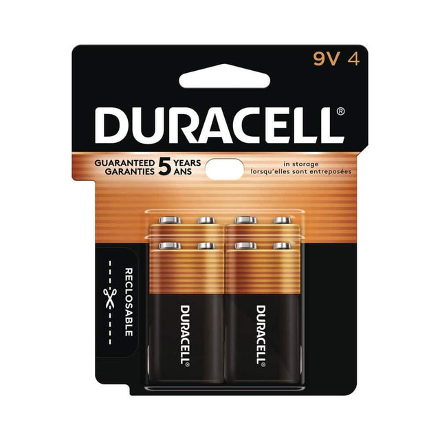 9V 4

DURACELL

GUARANTEED 5 YEARS GARANTIES 5 ANS

in storage lorsqu'elles sont entreposées

RECLOSEABLE

DURACELL

DURACELL