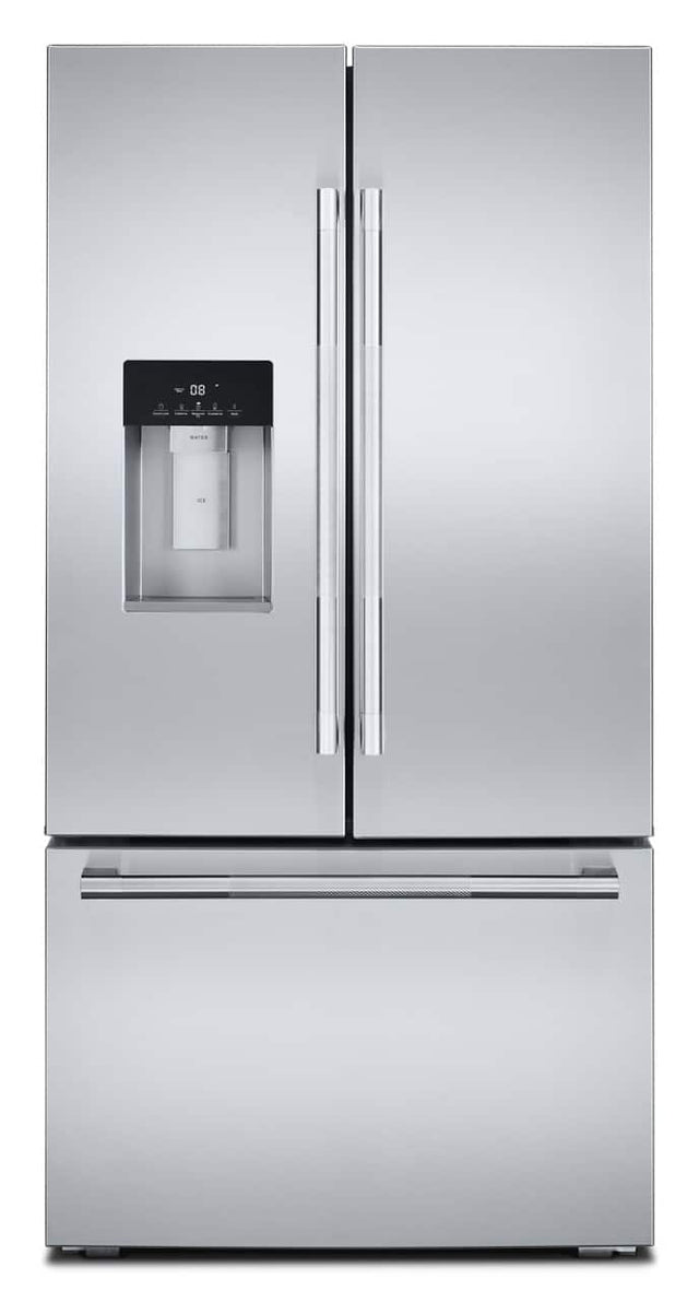 Front. JennAir - Rise 23.84 Cu. Ft. French Door Counter Depth Refrigerator with External Dispenser - Stainless Steel.